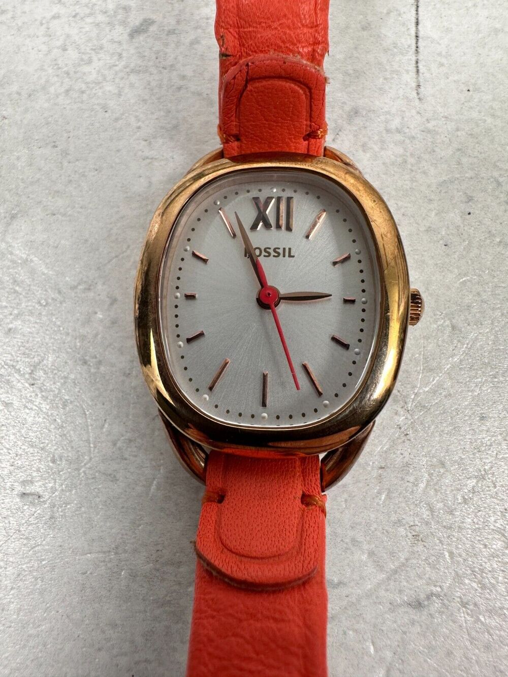 Fossil Watch Womens 24mm Oval Sculptor Gold Tone Coral Pink Band New Battery